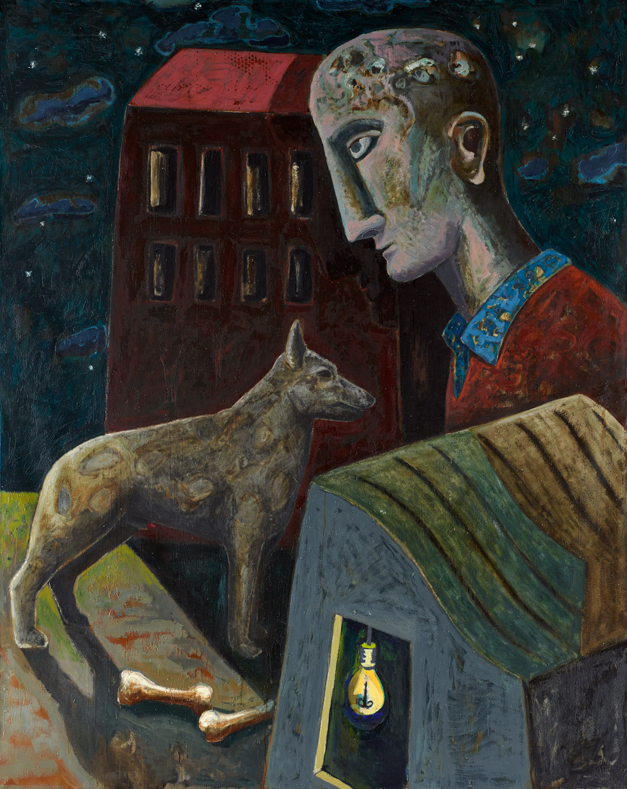 Peter Chevalier: Hund, mit zwei Knochen, 1983, Öl auf Leinwand, 250 x 200 cm