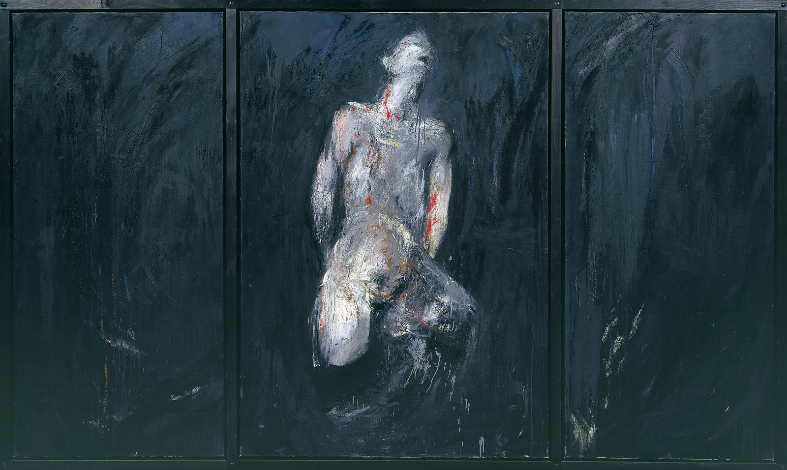 Rainer Woelzl: Die Haut I, 1986, Triptychon, Mischtechnik auf Leinwand, Gesamtgröße 180 x 305 cm